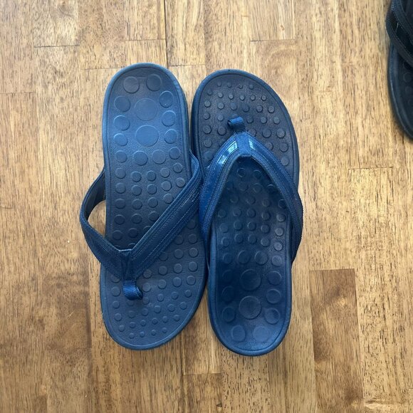 Vionic Orthaheel Flip Flops Blue Patent Leather Sz 10 - Picture 1 of 3